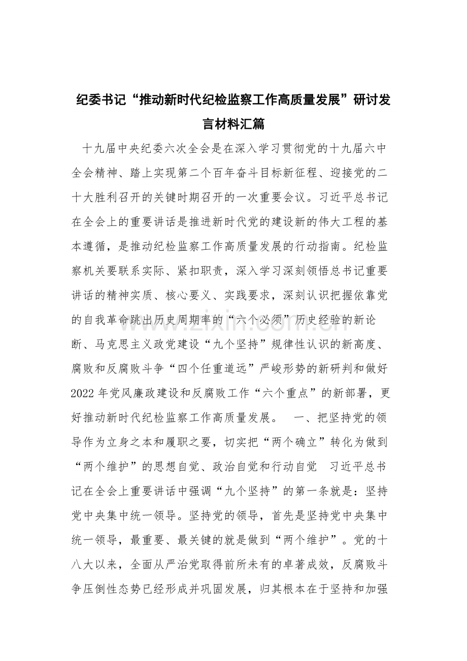 纪委书记“推动新时代纪检监察工作高质量发展”研讨发言材料汇篇.docx_第1页