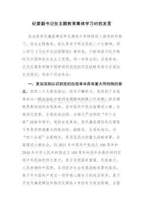 2023年纪委副书记在主题教育集体学习时的发言讲稿范文.docx