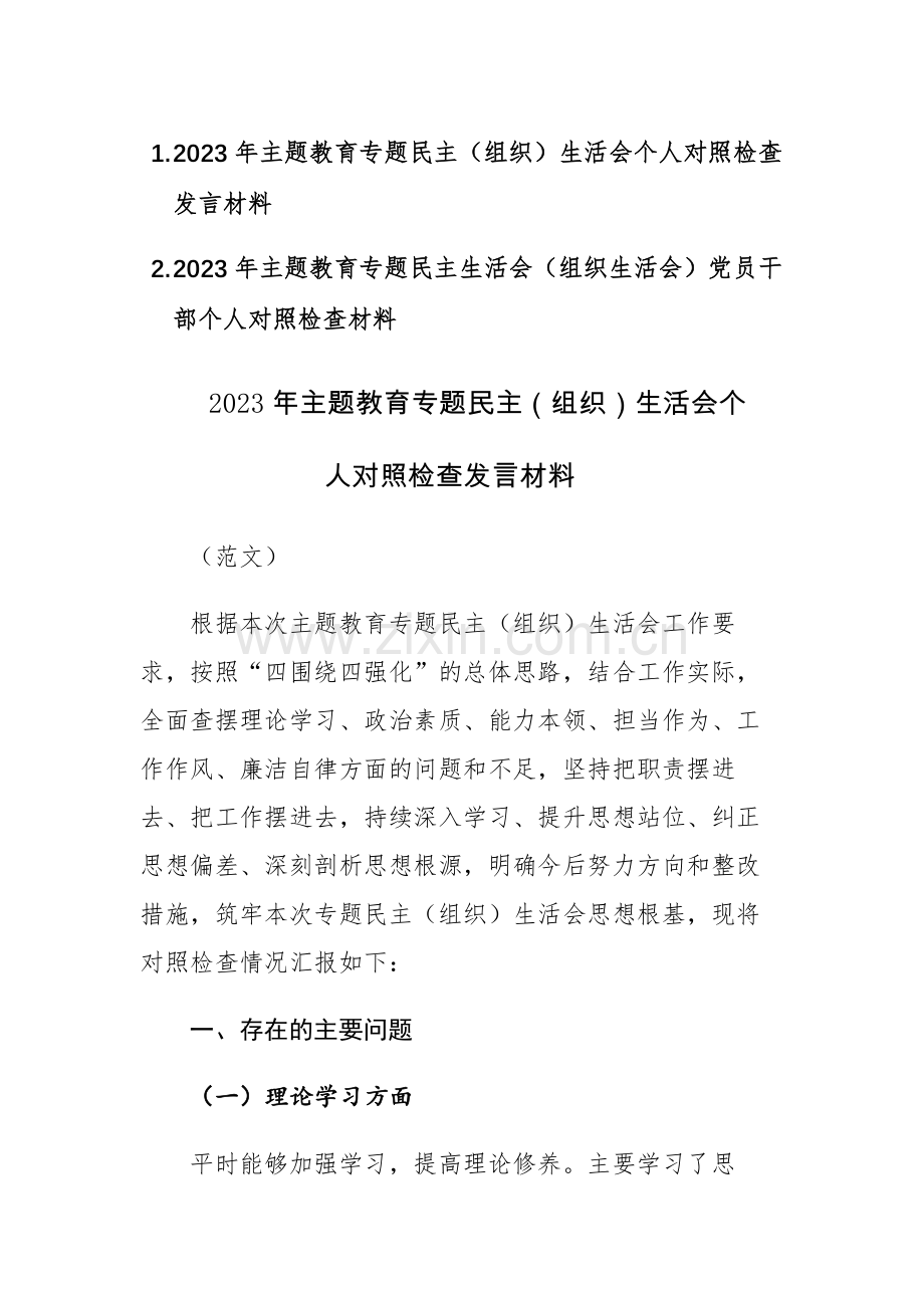 两篇：2023年主题教育专题民主生活会（组织生活会）党员干部个人对照检查材料范文.docx_第1页