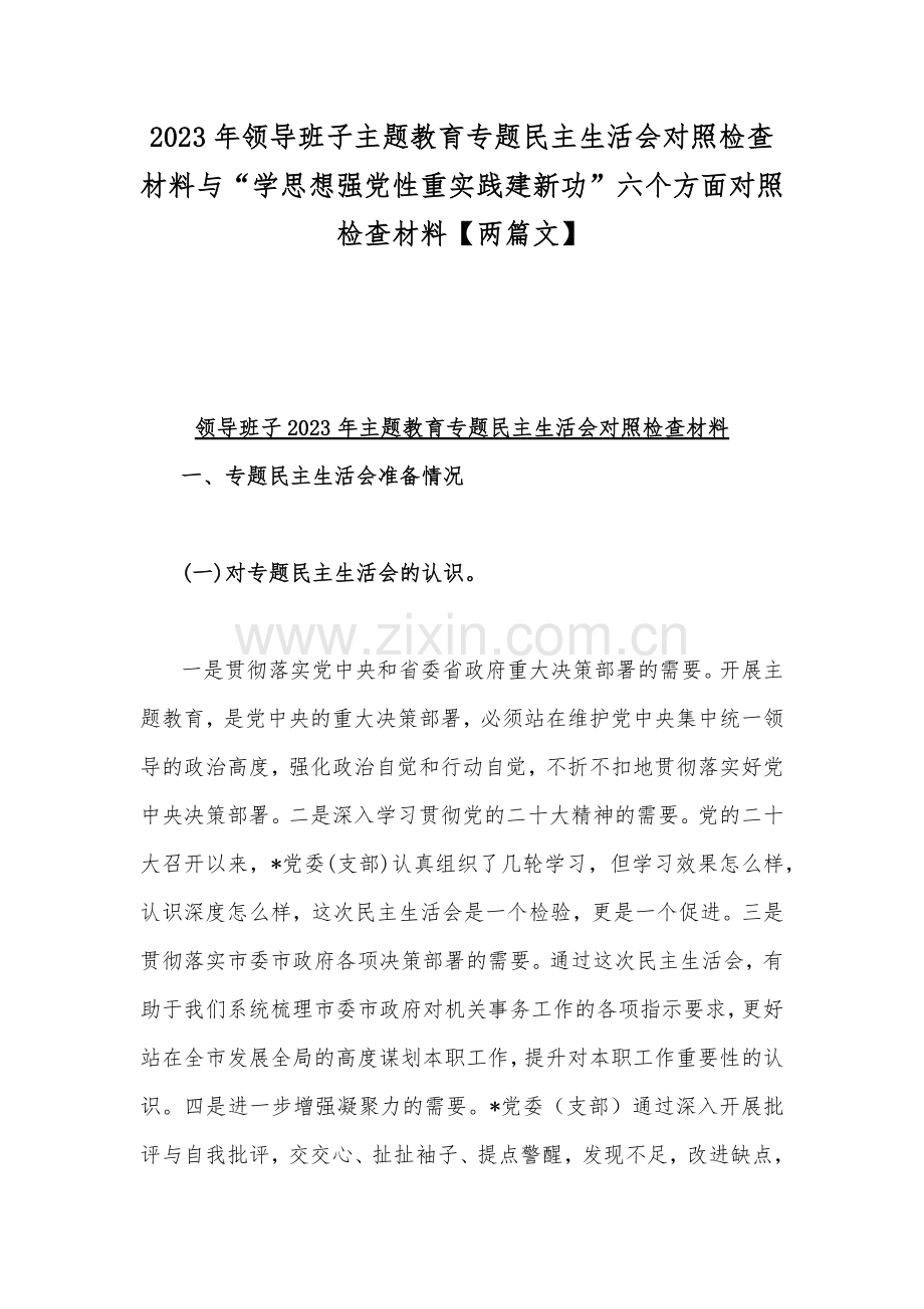 2023年领导班子主题教育专题民主生活会对照检查材料与“学思想强党性重实践建新功”六个方面对照检查材料【两篇文】.docx_第1页