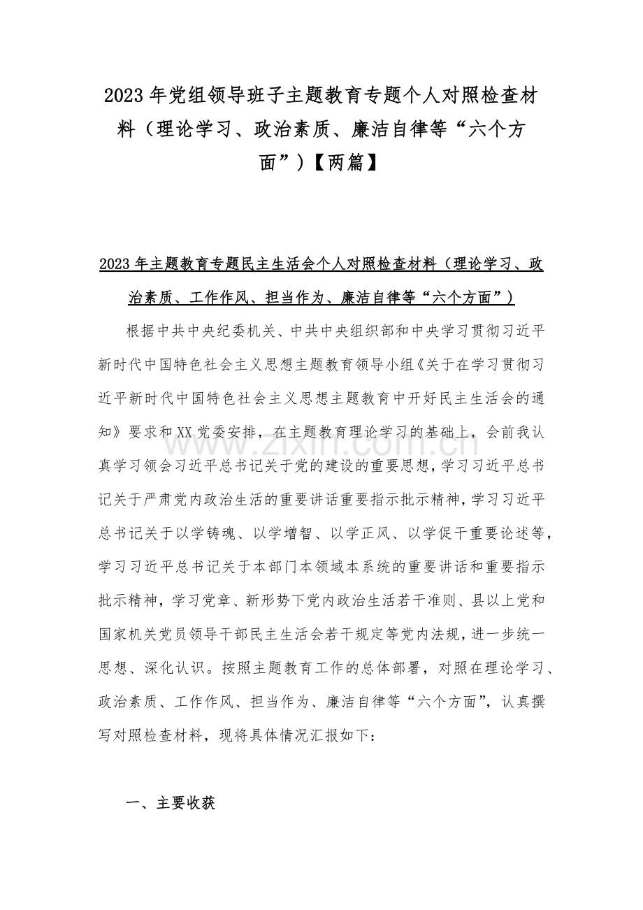 2023年党组领导班子主题教育专题个人对照检查材料（理论学习、政治素质、廉洁自律等“六个方面”)【两篇】.docx_第1页