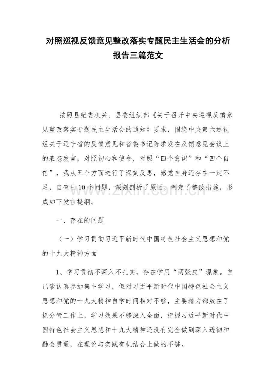 对照巡视反馈意见整改落实专题民主生活会的分析报告三篇范文.docx_第1页