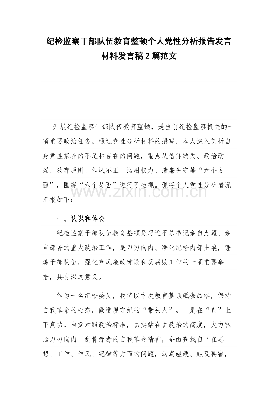 纪检监察干部队伍教育整顿个人党性分析报告发言材料发言稿2篇范文.docx_第1页