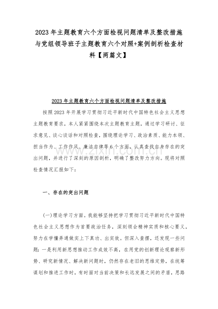 2023年主题教育六个方面检视问题清单及整改措施与党组领导班子主题教育六个对照+案例剖析检查材料【两篇文】.docx_第1页