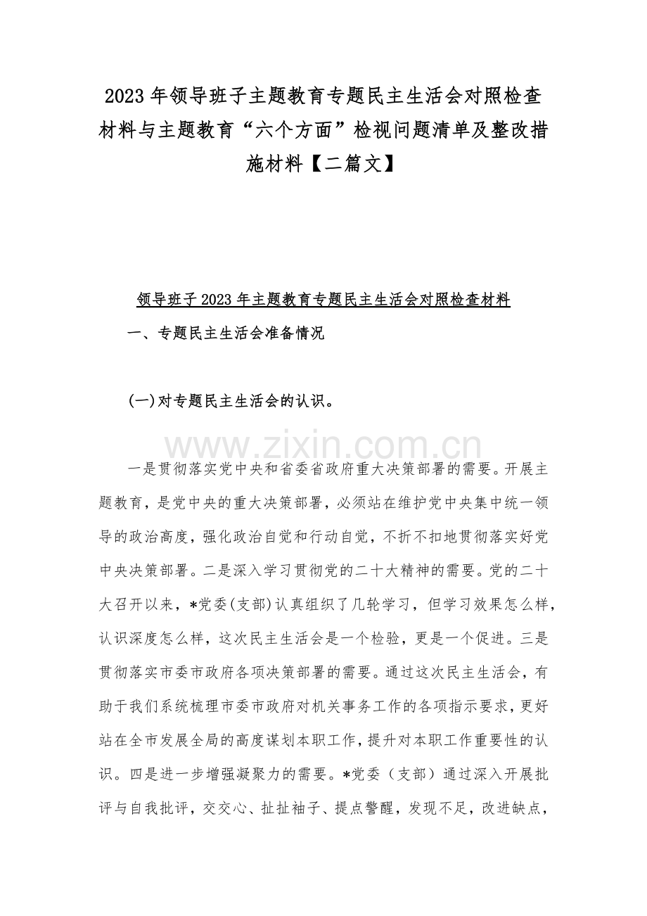 2023年领导班子主题教育专题民主生活会对照检查材料与主题教育“六个方面”检视问题清单及整改措施材料【二篇文】.docx_第1页