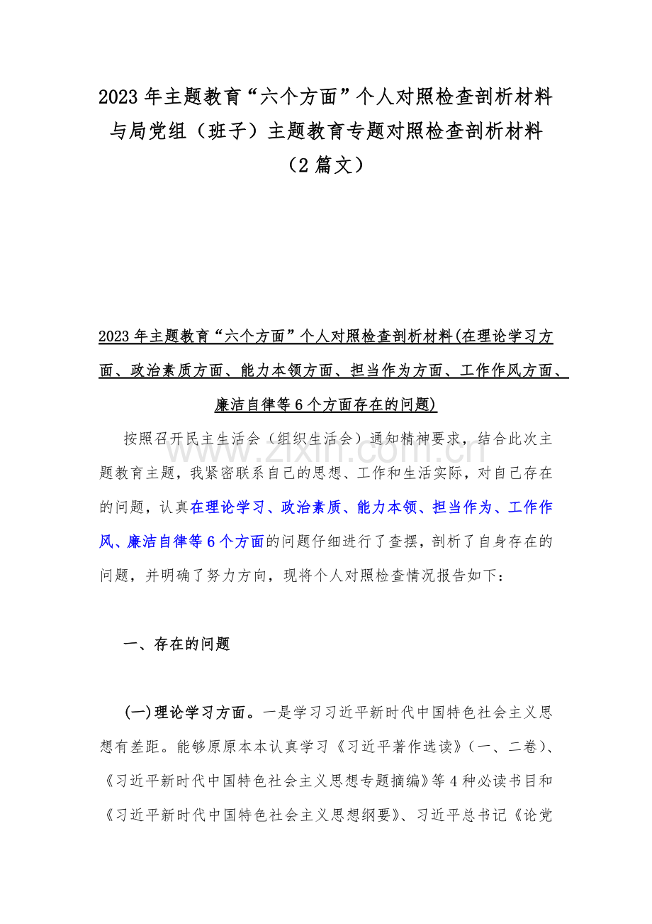 2023年主题教育“六个方面”个人对照检查剖析材料与局党组（班子）主题教育专题对照检查剖析材料（2篇文）.docx_第1页