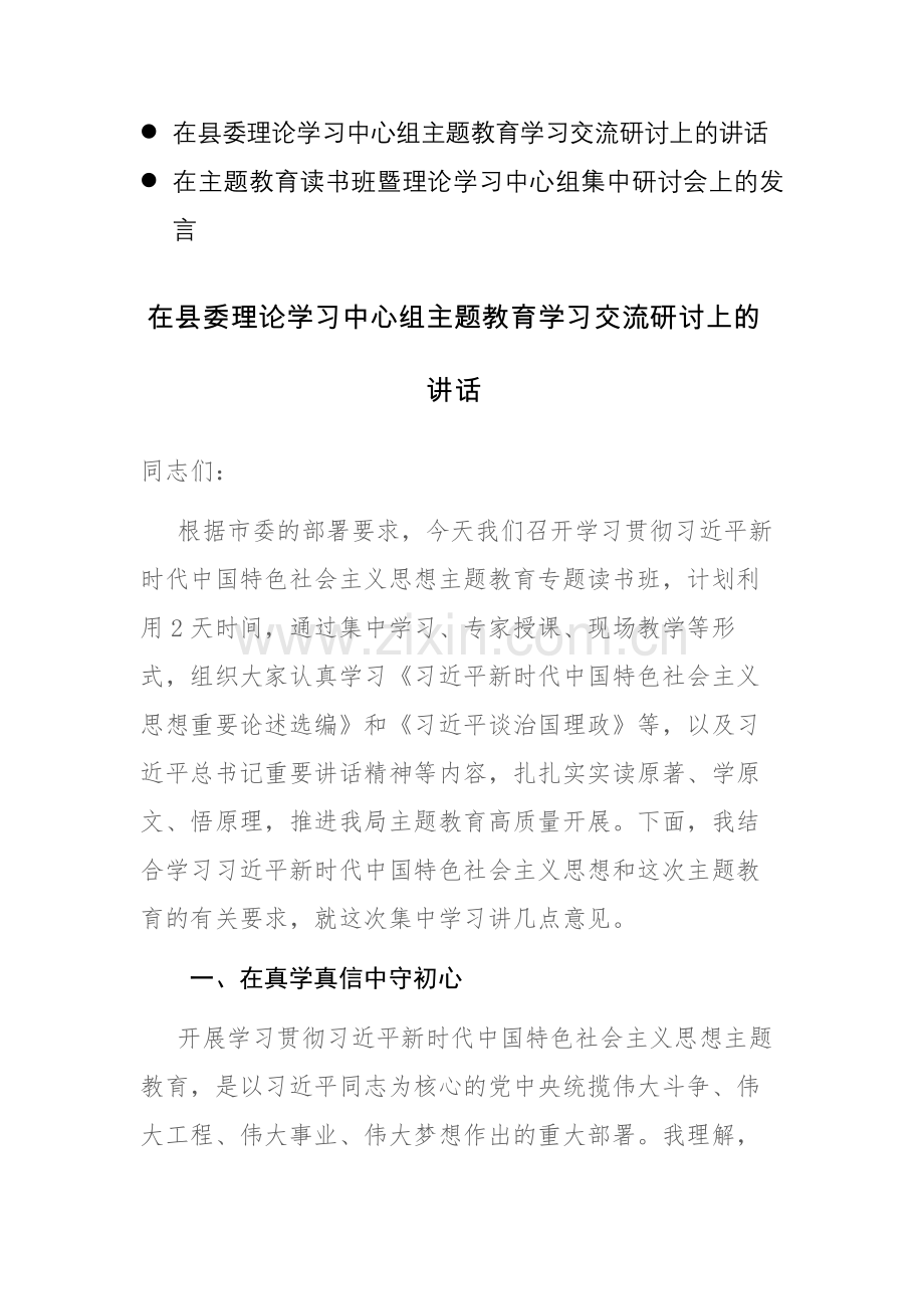 2023年党员干部在主题教育读书班暨理论学习中心组集中研讨会上的发言范文2篇.docx_第1页