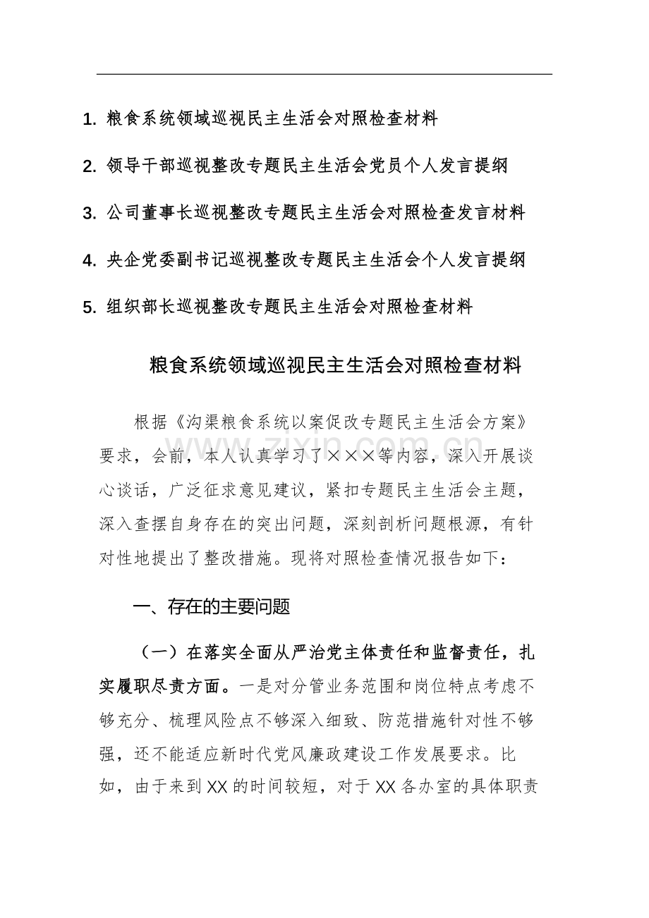 2023年领导干部巡视整改专题民主生活会对照检查发言材料范文5篇.docx_第1页