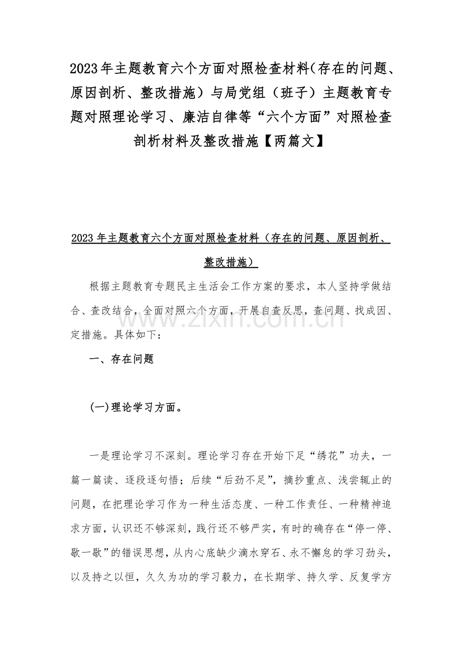 2023年主题教育六个方面对照检查材料（存在的问题、原因剖析、整改措施）与局党组（班子）主题教育专题对照理论学习、廉洁自律等“六个方面”对照检查剖析材料及整改措施【两篇文】.docx_第1页