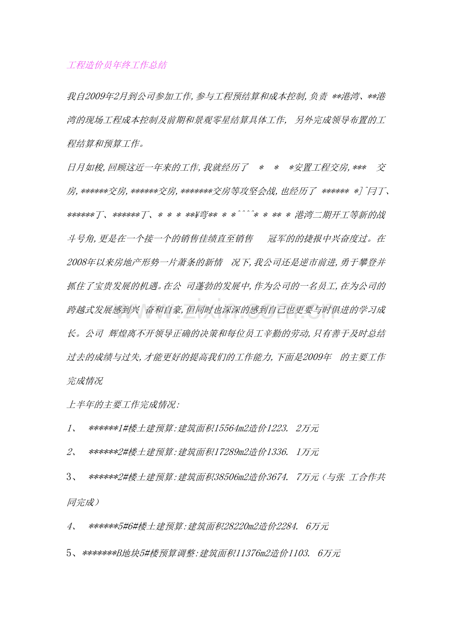 工程造价员年终工作总结.docx_第1页