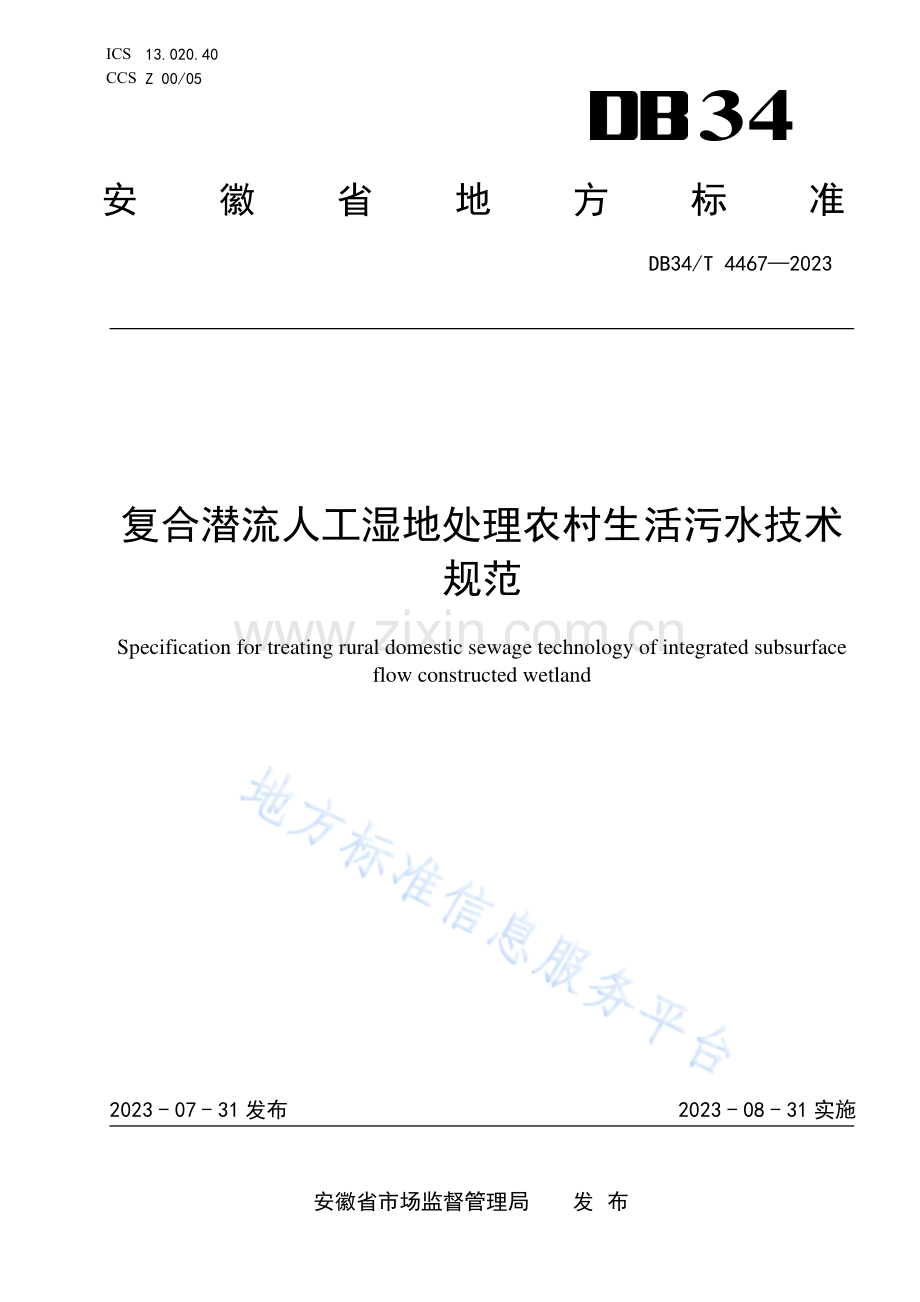 DB34T4467-2023复合潜流人工湿地处理农村生活污水技术规范.pdf_第1页