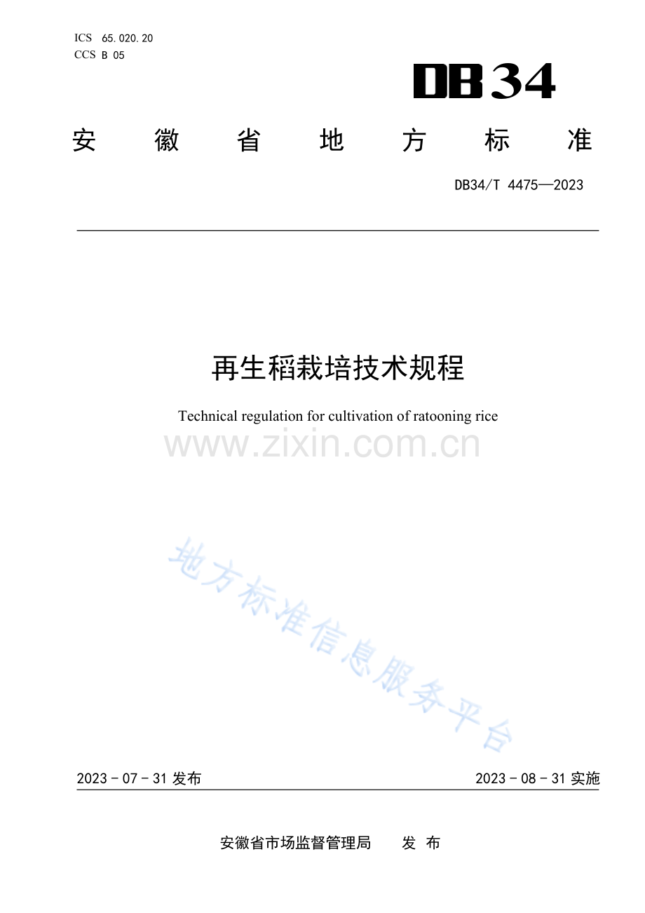 DB34T4475-2023再生稻栽培技术规程.pdf_第1页