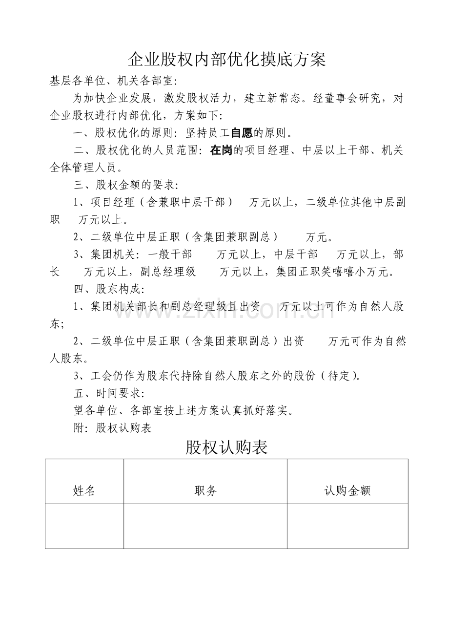 企业股权内部优化摸底方案.doc_第1页