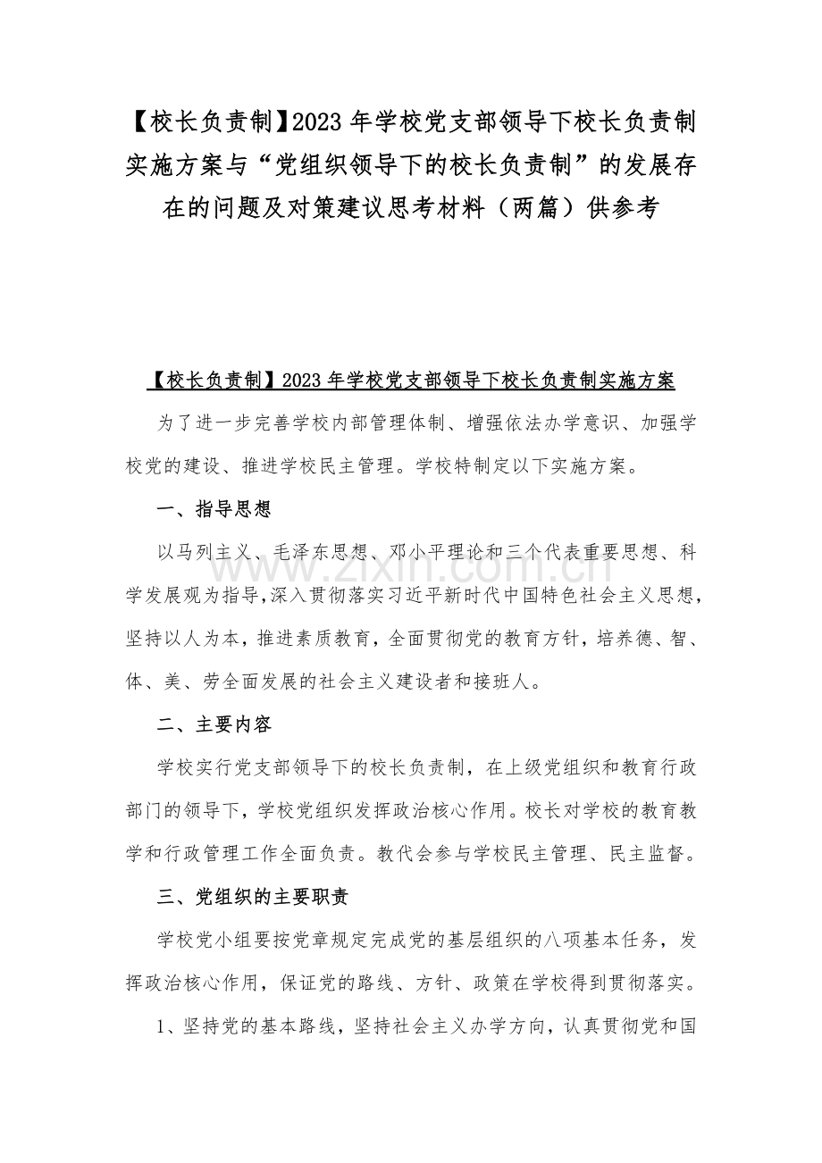 【校长负责制】2023年学校党支部领导下校长负责制实施方案与“党组织领导下的校长负责制”的发展存在的问题及对策建议思考材料（两篇）供参考.docx_第1页