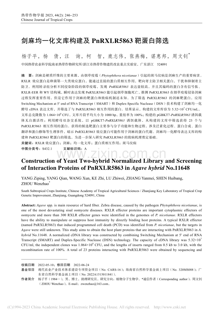 剑麻均一化文库构建及PnRXLR5863靶蛋白筛选_杨子平.pdf_第1页