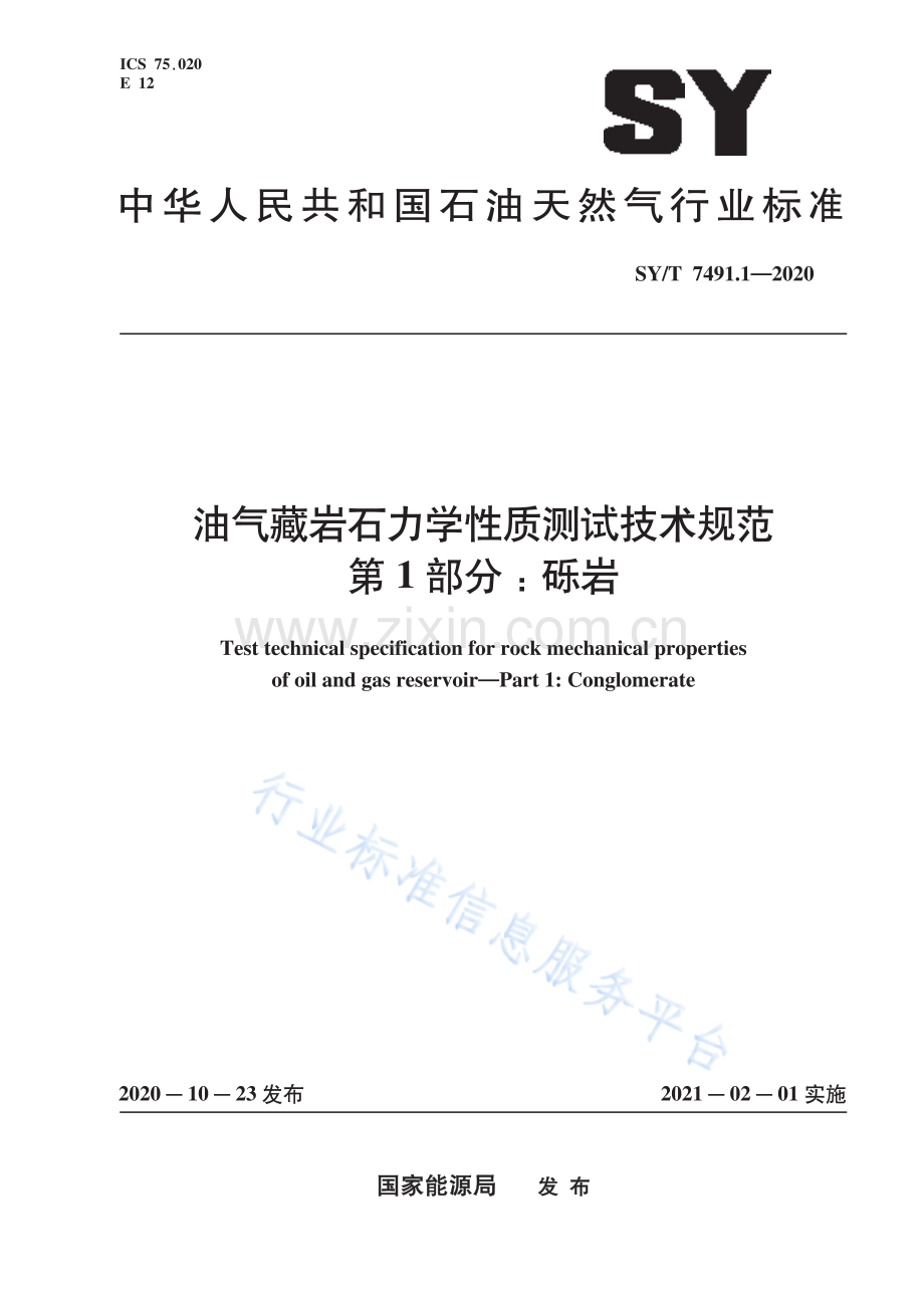 SYT7491.1-2020油气藏岩石力学性质测试技术规范 第1部分：砾岩.pdf_第1页