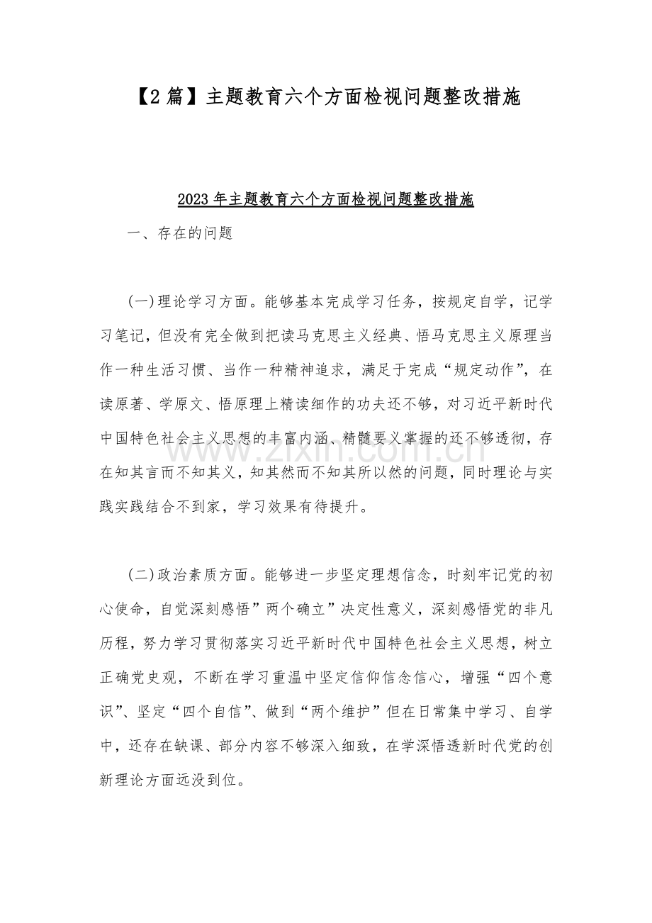 【2篇】主题教育六个方面检视问题整改措施.docx_第1页