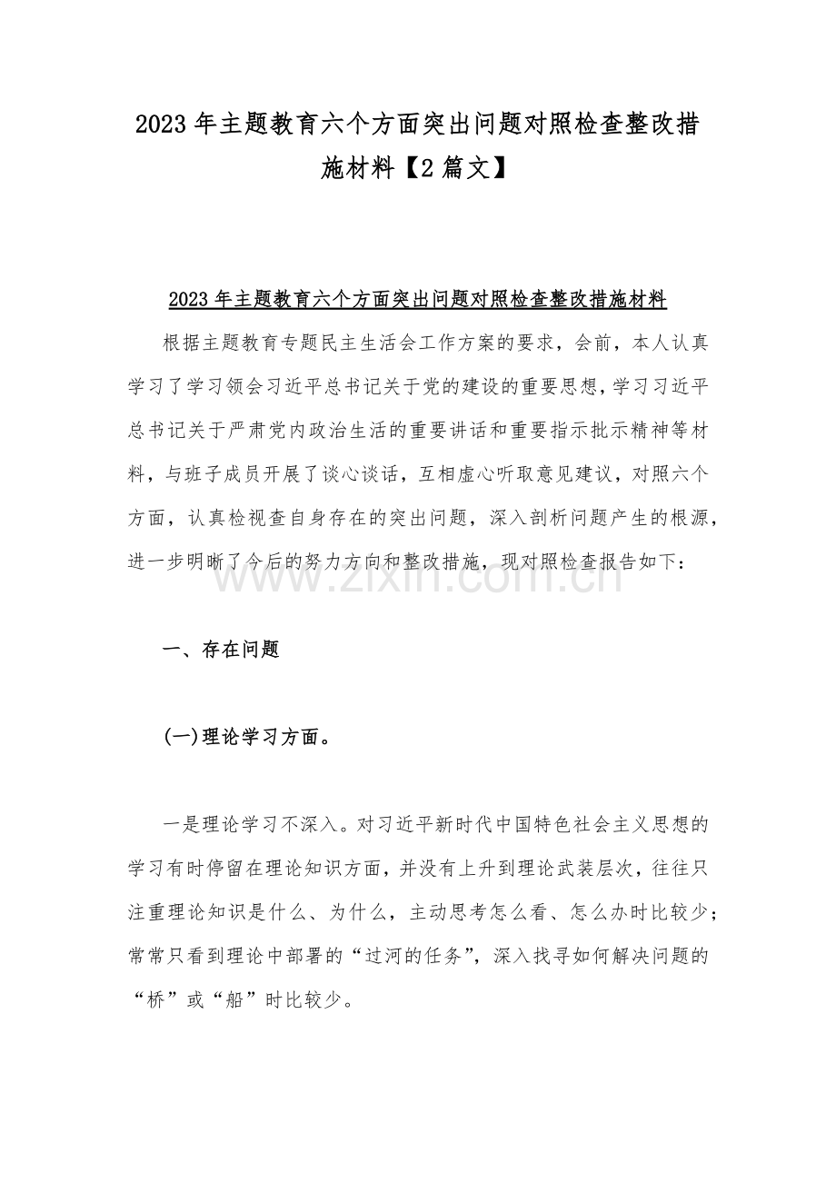 2023年主题教育六个方面突出问题对照检查整改措施材料【2篇文】.docx_第1页