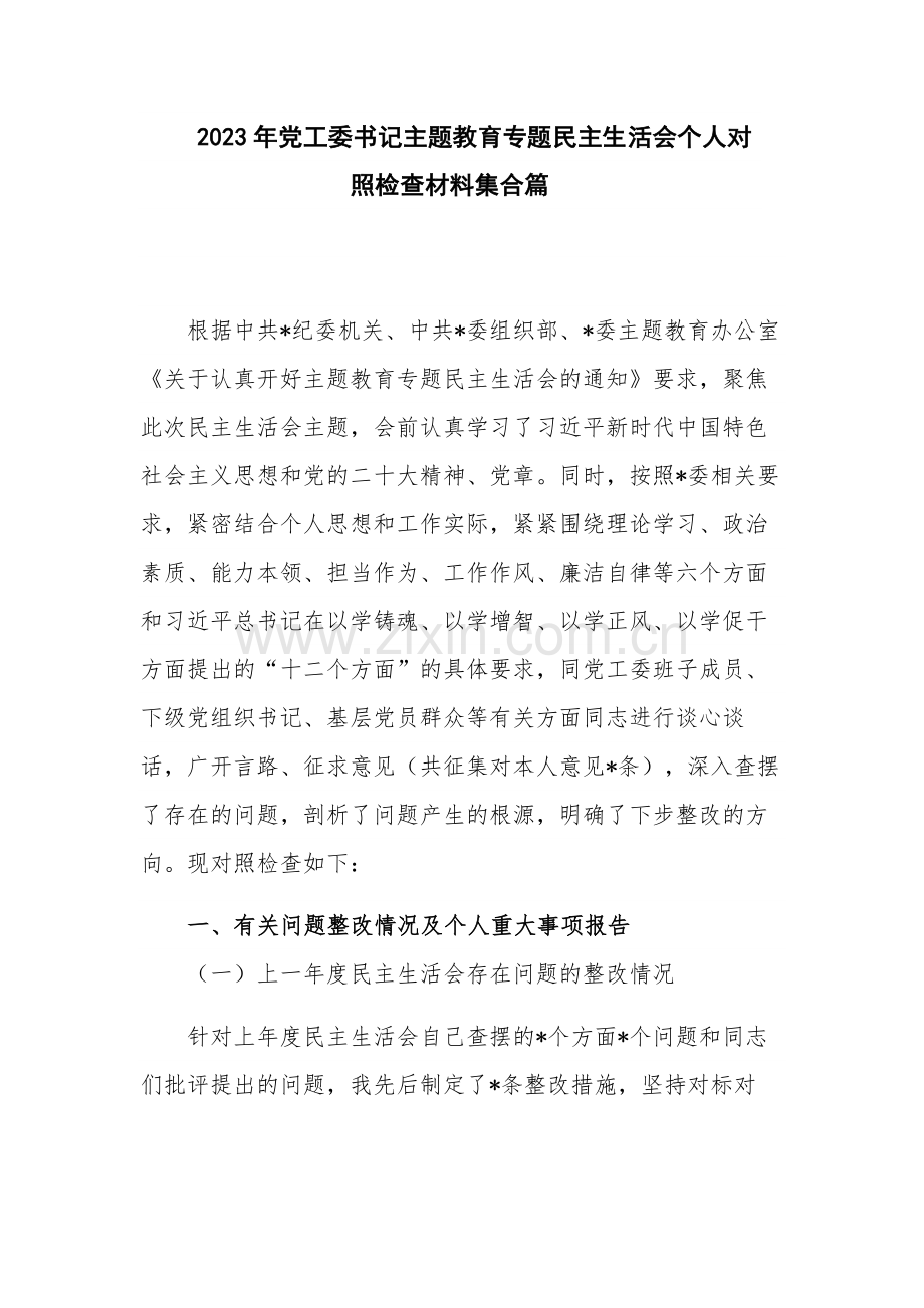 2023年党工委书记主题教育专题民主生活会个人对照检查材料集合篇.docx_第1页