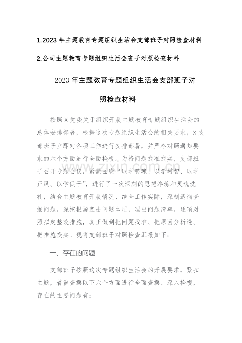 2023年主题教育专题组织生活会班子对照检查材料范文参考2篇.docx_第1页