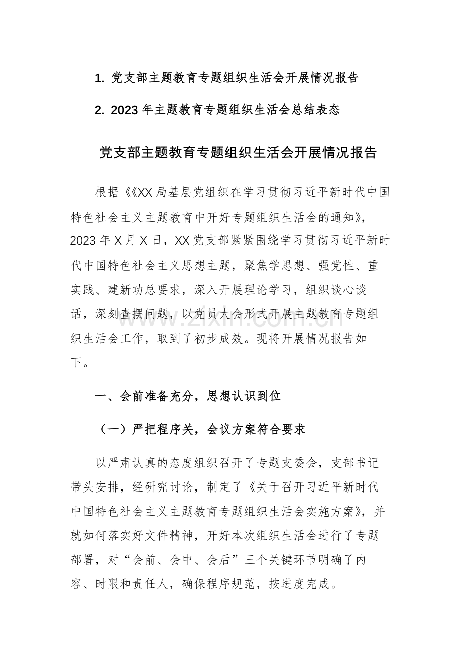 2023年主题教育专题组织生活会开展情况及总结表态范文2篇.docx_第1页