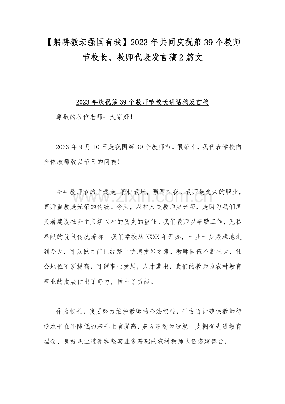 【躬耕教坛强国有我】2023年共同庆祝第39个教师节校长、教师代表发言稿2篇文.docx_第1页