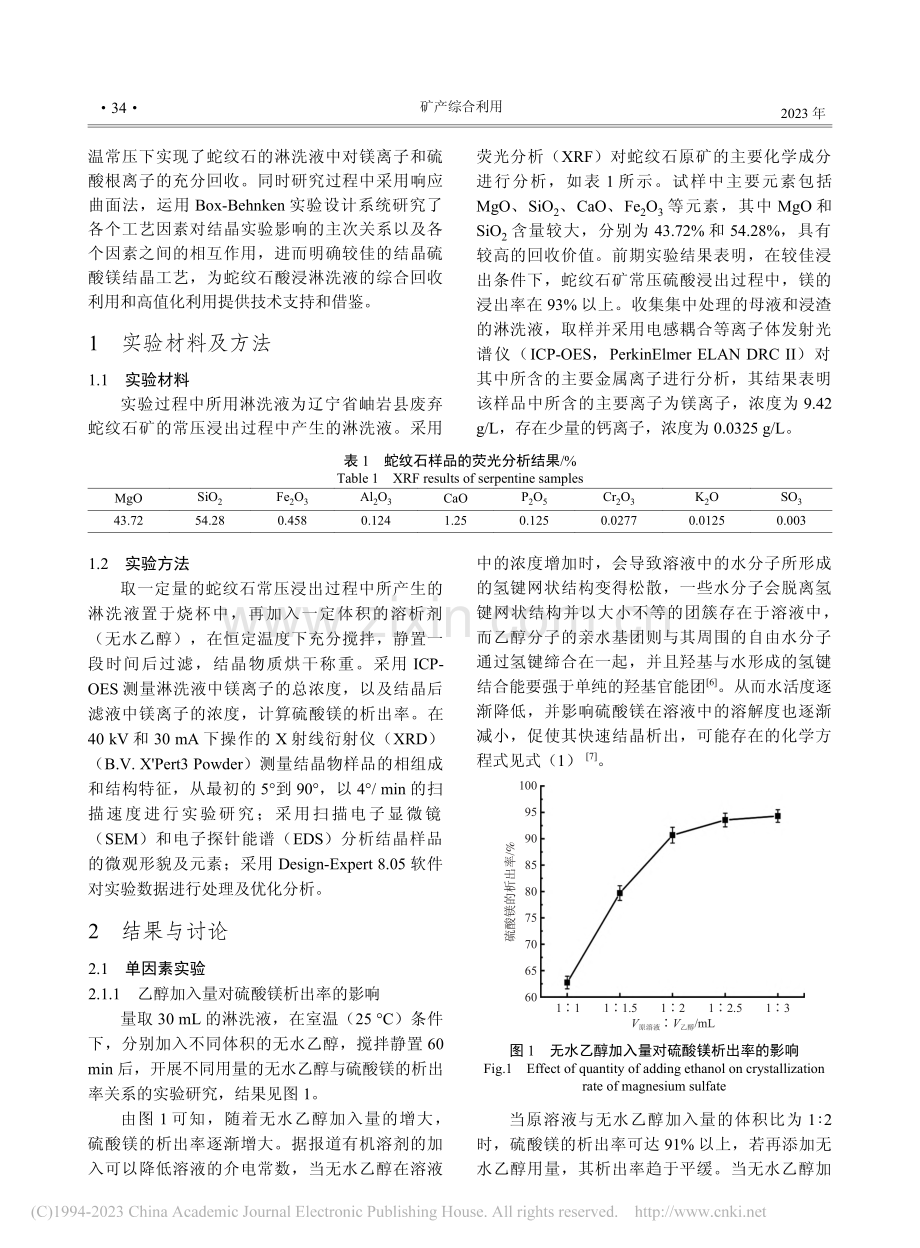 蛇纹石酸浸淋洗液中硫酸镁的溶析结晶优化_彭祥玉.pdf_第2页