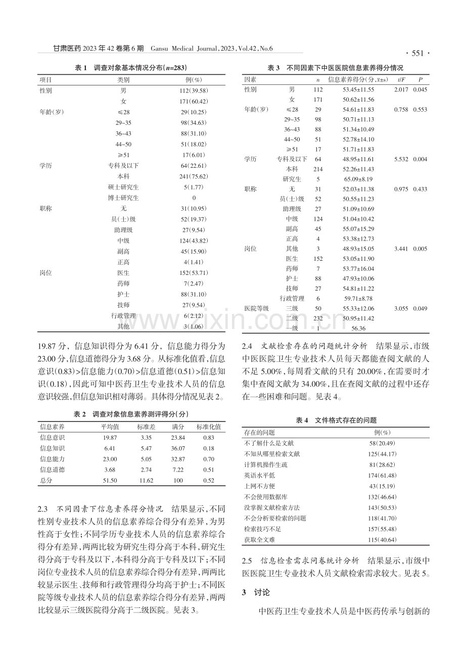 市级中医医院卫生专业技术人员信息素养水平调查分析_张渊厚.pdf_第2页