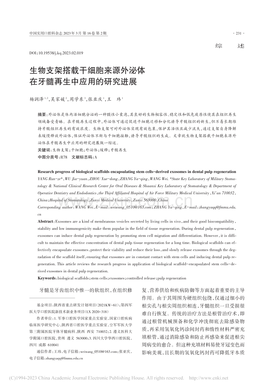 生物支架搭载干细胞来源外泌...在牙髓再生中应用的研究进展_杨润泽.pdf_第1页