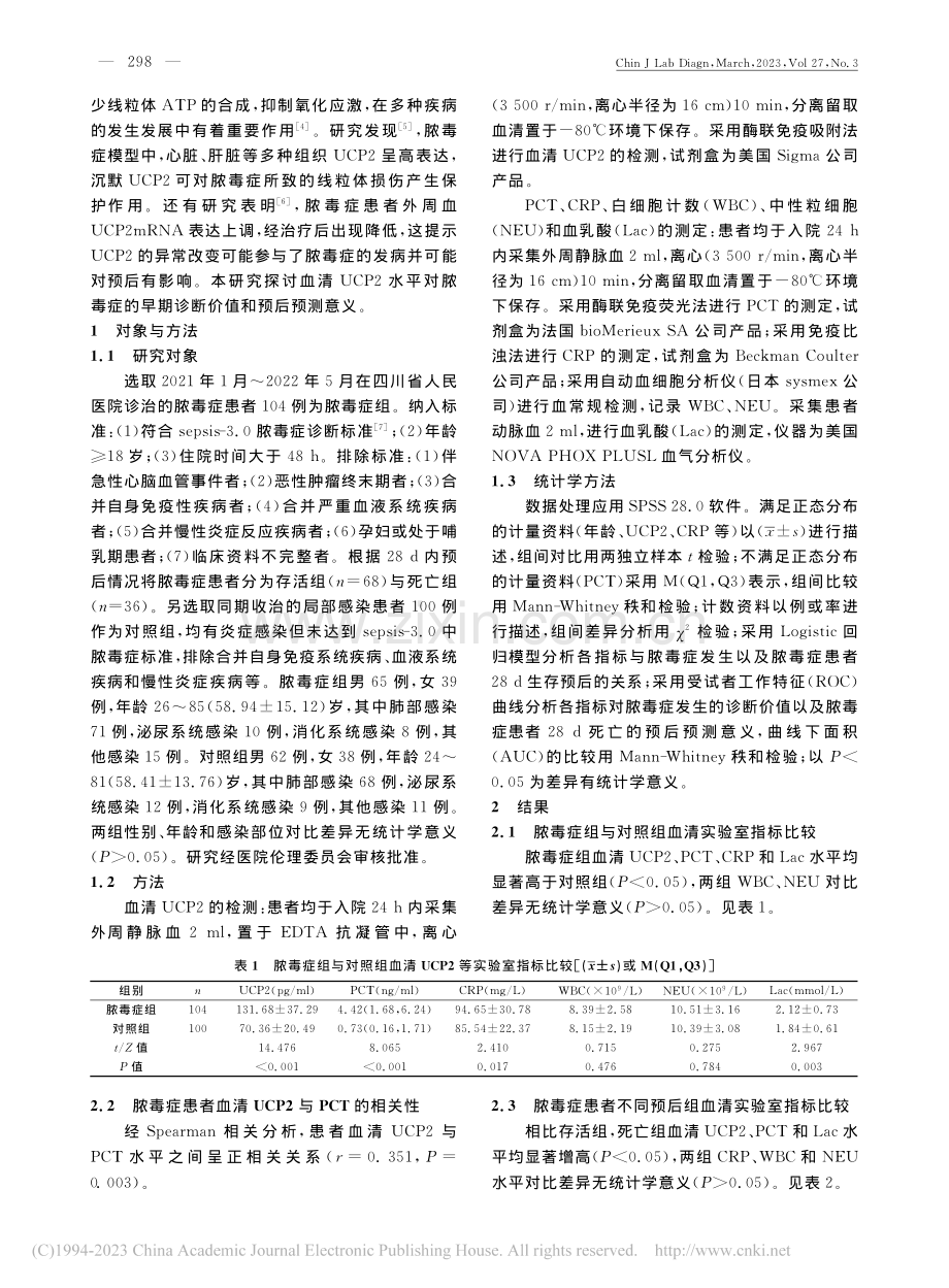 血清UCP2水平对脓毒症诊断和预后评估的临床价值_李依.pdf_第2页