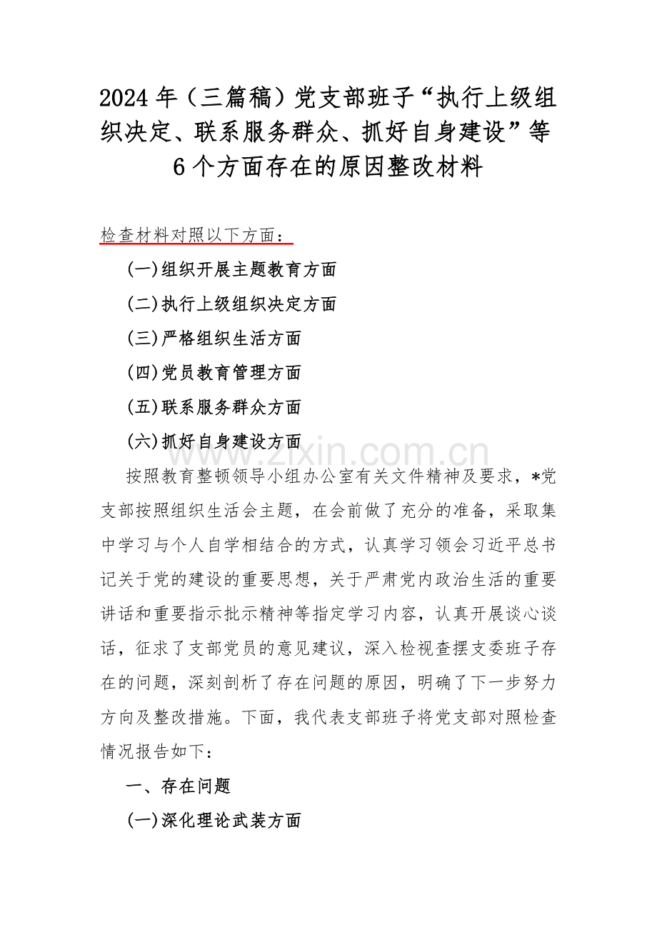 2024年（三篇稿）党支部班子“执行上级组织决定、联系服务群众、抓好自身建设”等6个方面存在的原因整改材料.docx_第1页