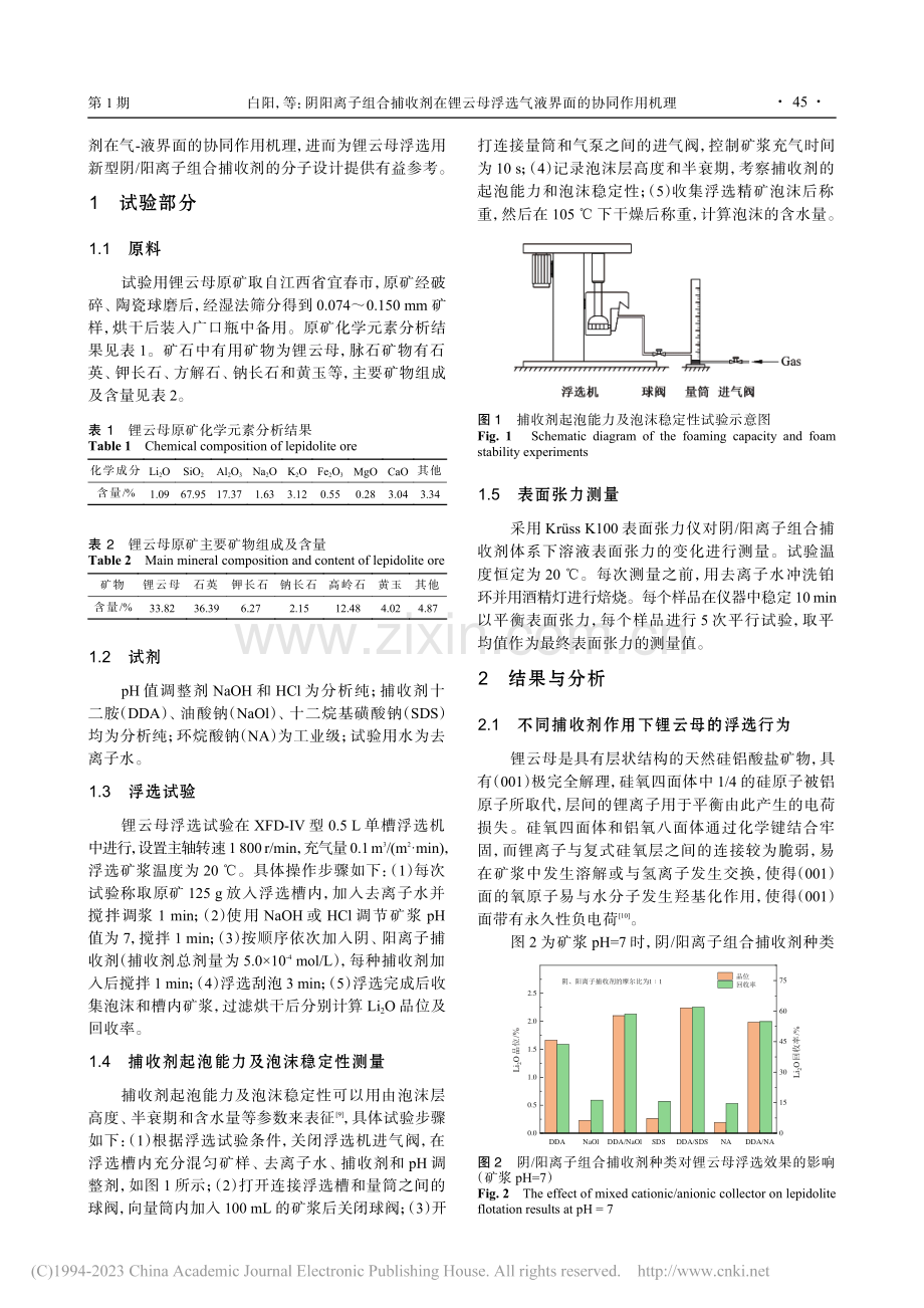 阴阳离子组合捕收剂在锂云母浮选气液界面的协同作用机理_白阳.pdf_第2页