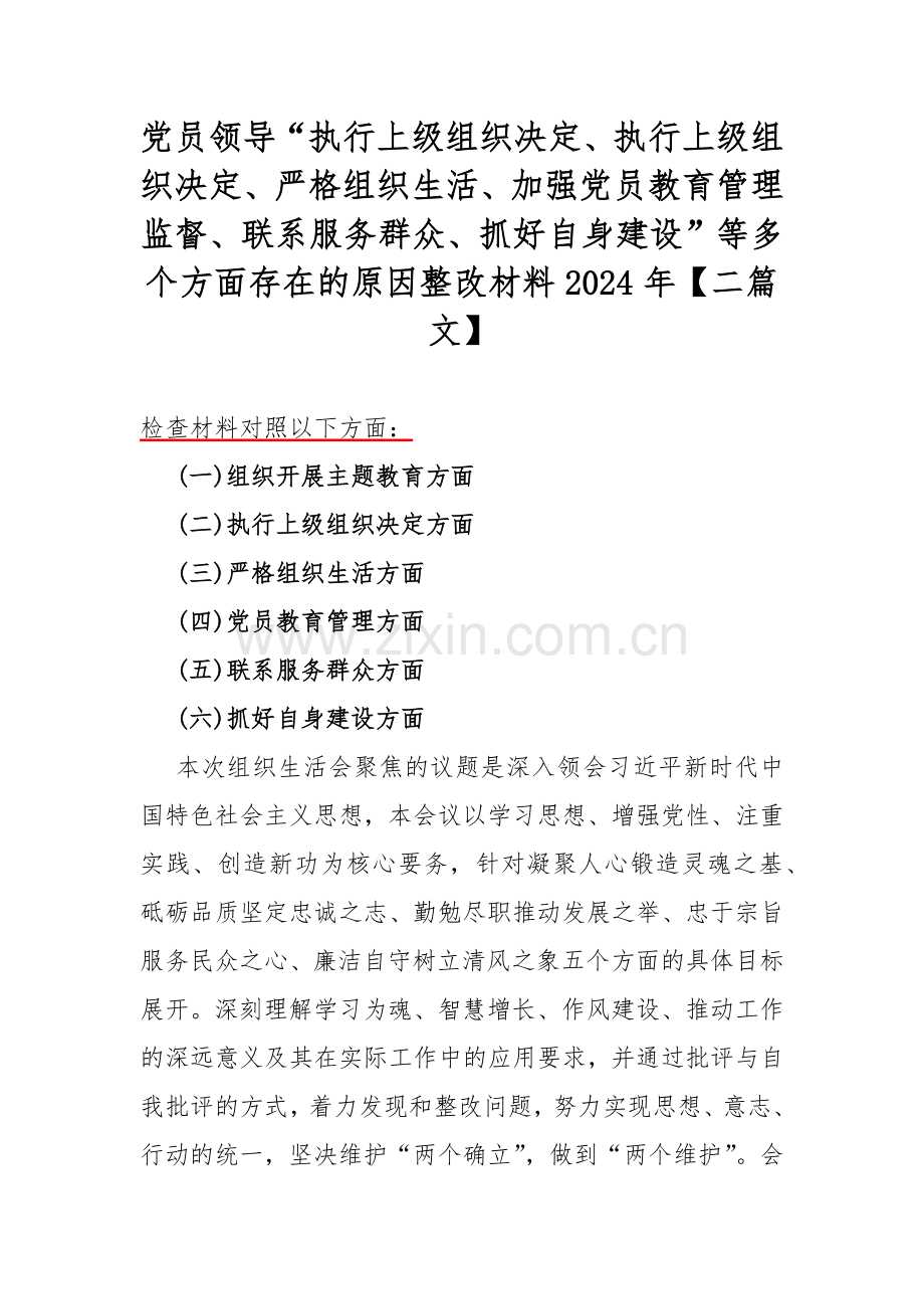 党员领导“执行上级组织决定、执行上级组织决定、严格组织生活、加强党员教育管理监督、联系服务群众、抓好自身建设”等多个方面存在的原因整改材料2024年【二篇文】.docx_第1页