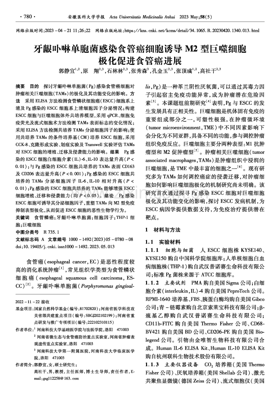 牙龈卟啉单胞菌感染食管癌细胞诱导M2型巨噬细胞极化促进食管癌进展.pdf_第1页