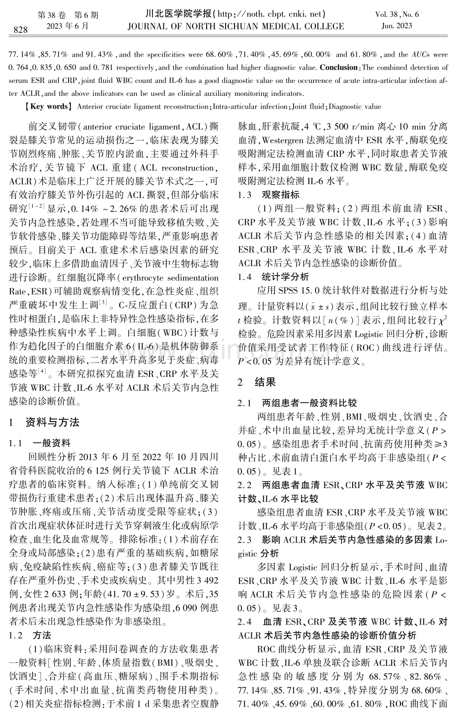 血清ESR、CRP水平及关节液WBC计数、IL-6水平在前交叉韧带重建术后关节内急性感染诊断中的价值分析.pdf_第2页