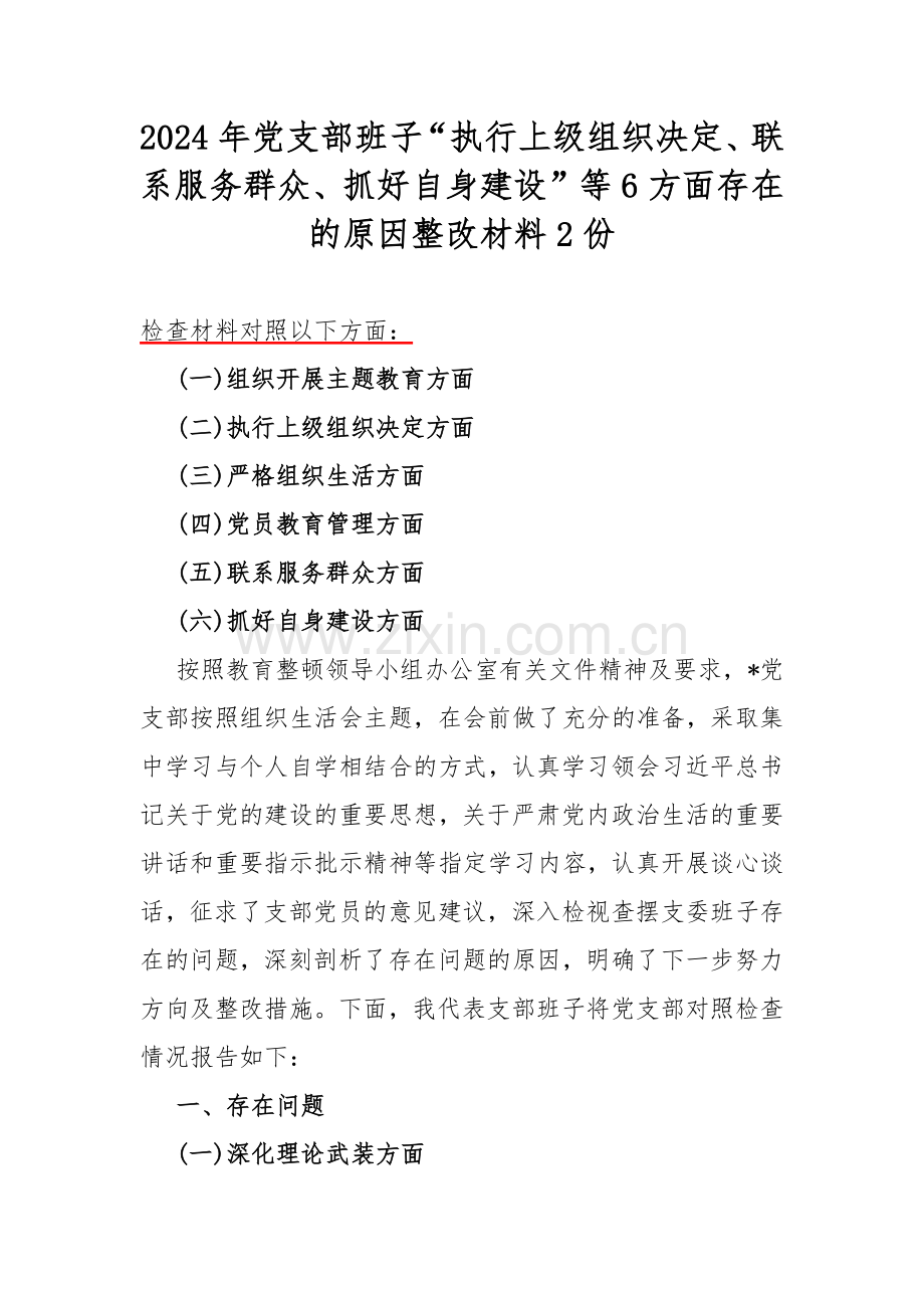 2024年党支部班子“执行上级组织决定、联系服务群众、抓好自身建设”等6方面存在的原因整改材料2份.docx_第1页