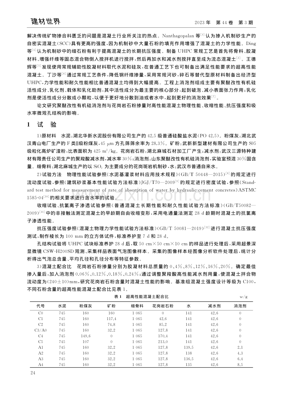 消泡剂与花岗岩石粉掺量对高性能混凝土性能的影响_孙涛.pdf_第2页