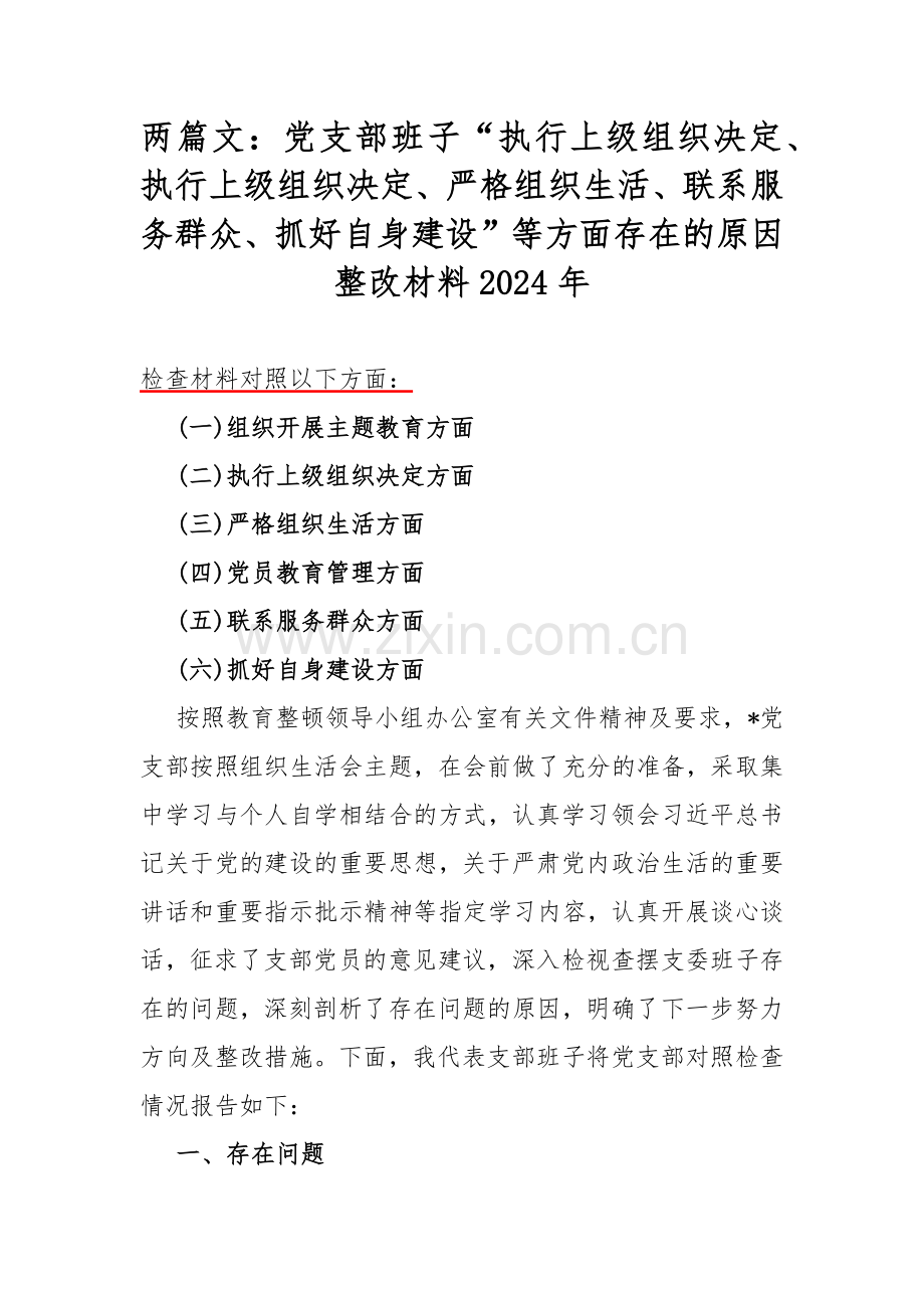 两篇文：党支部班子“执行上级组织决定、执行上级组织决定、严格组织生活、联系服务群众、抓好自身建设”等方面存在的原因整改材料2024年.docx_第1页