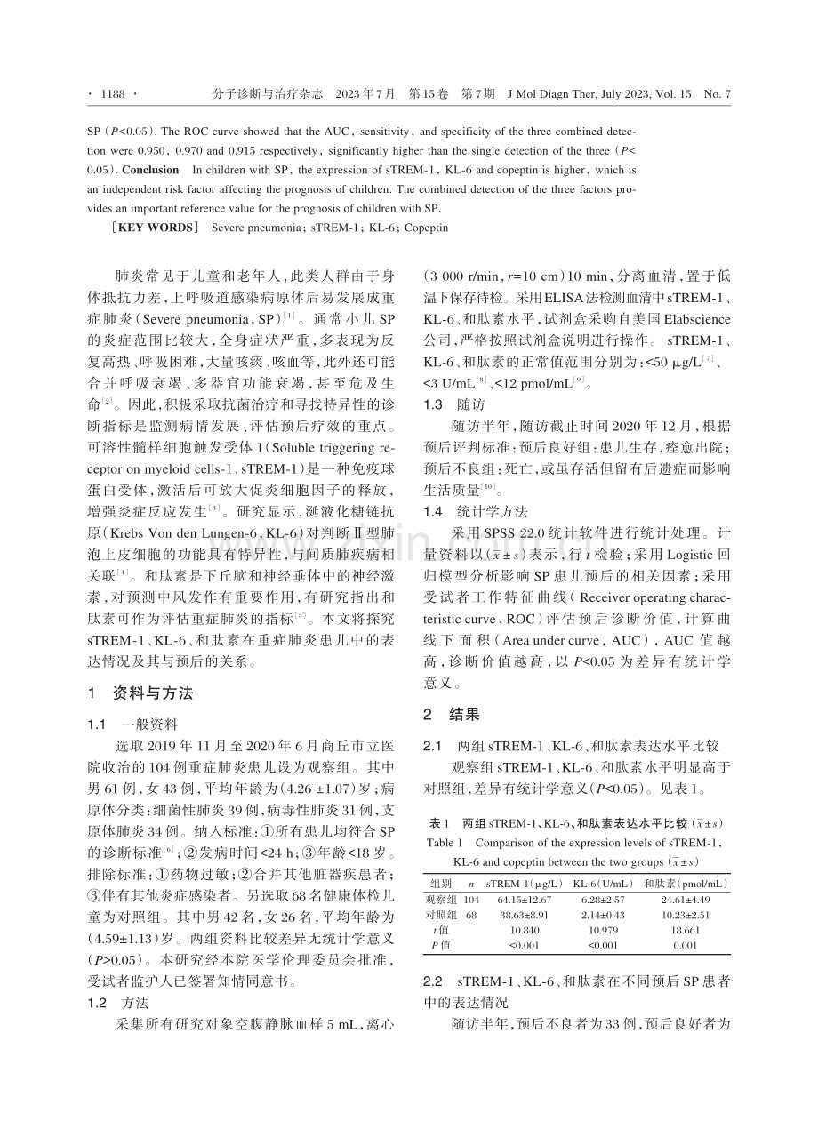 血清sTREM⁃1、KL⁃6、和肽素水平与儿童重症肺炎及其预后的关系.pdf_第2页