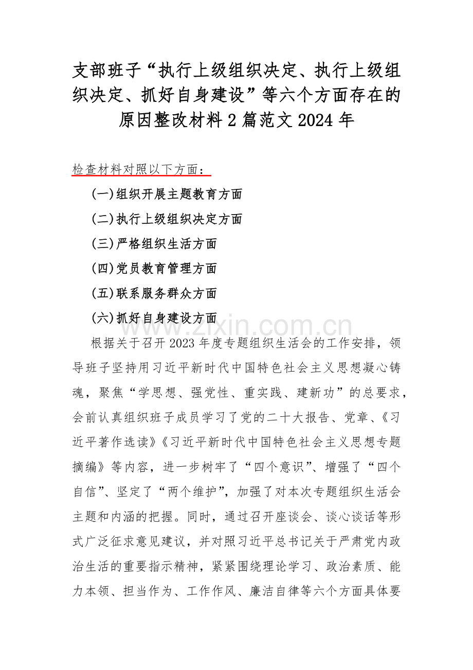 支部班子“执行上级组织决定、执行上级组织决定、抓好自身建设”等六个方面存在的原因整改材料2篇范文2024年.docx_第1页