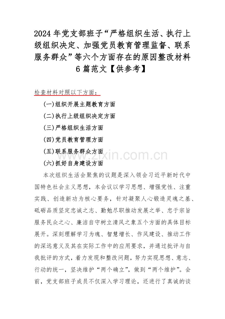 2024年党支部班子“严格组织生活、执行上级组织决定、加强党员教育管理监督、联系服务群众”等六个方面存在的原因整改材料6篇范文【供参考】.docx_第1页