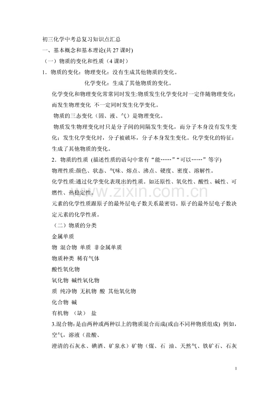 初中三年级化学中考总复习知识点汇总.pdf_第1页