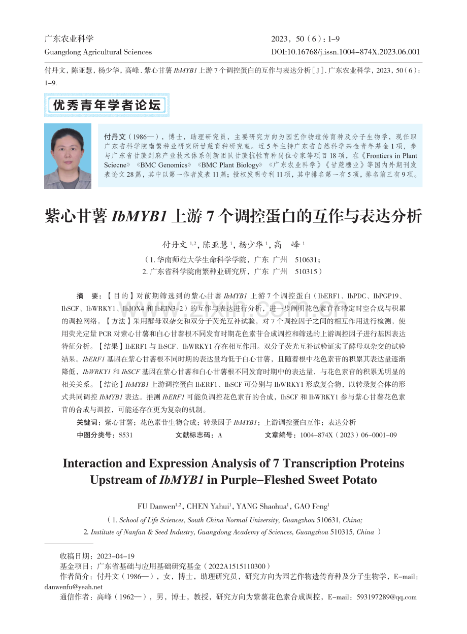 紫心甘薯IbMYB1上游7个调控蛋白的互作与表达分析.pdf_第1页