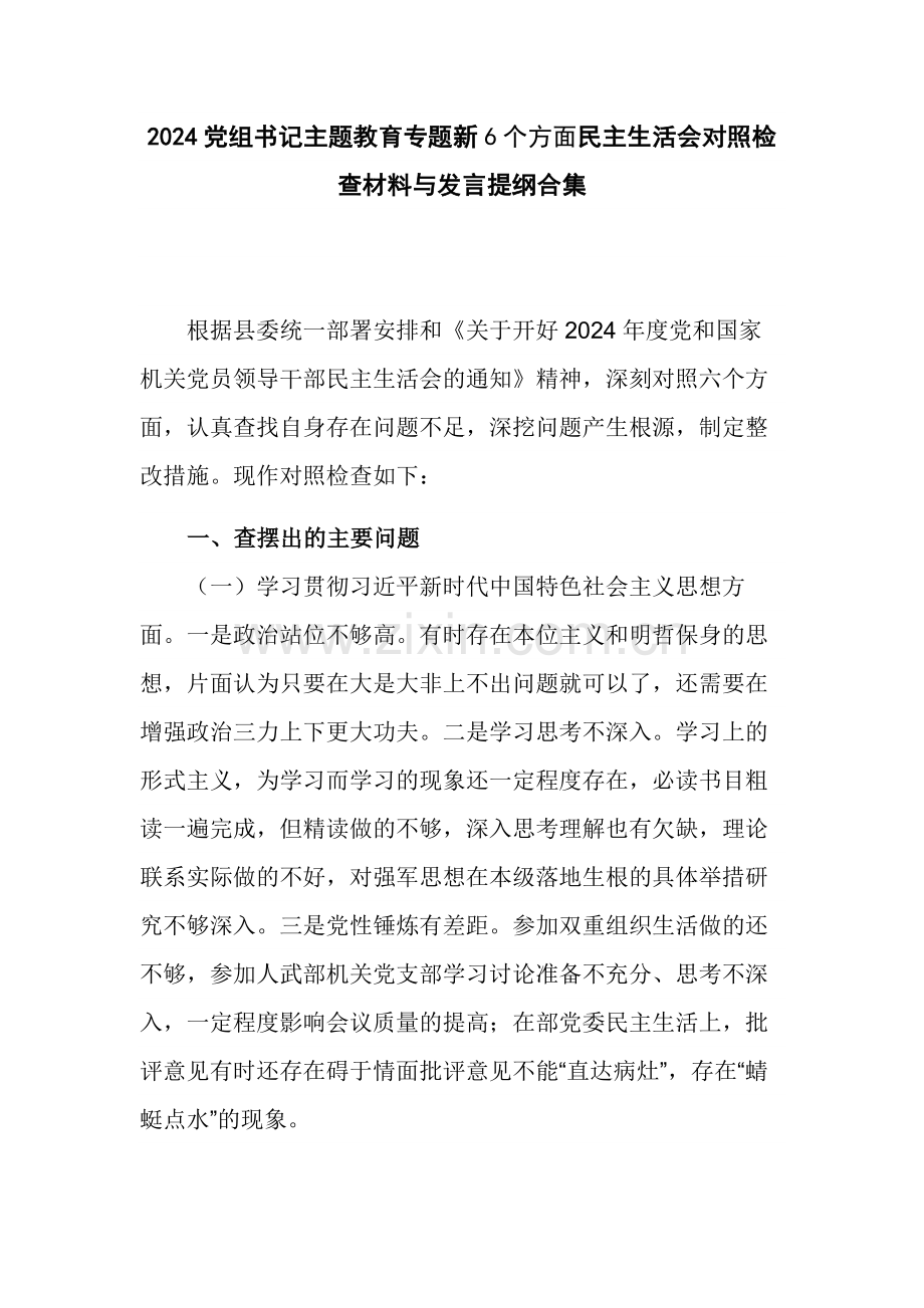 2024党组书记主题教育专题新6个方面对照检查材料与发言提纲合集.docx_第1页