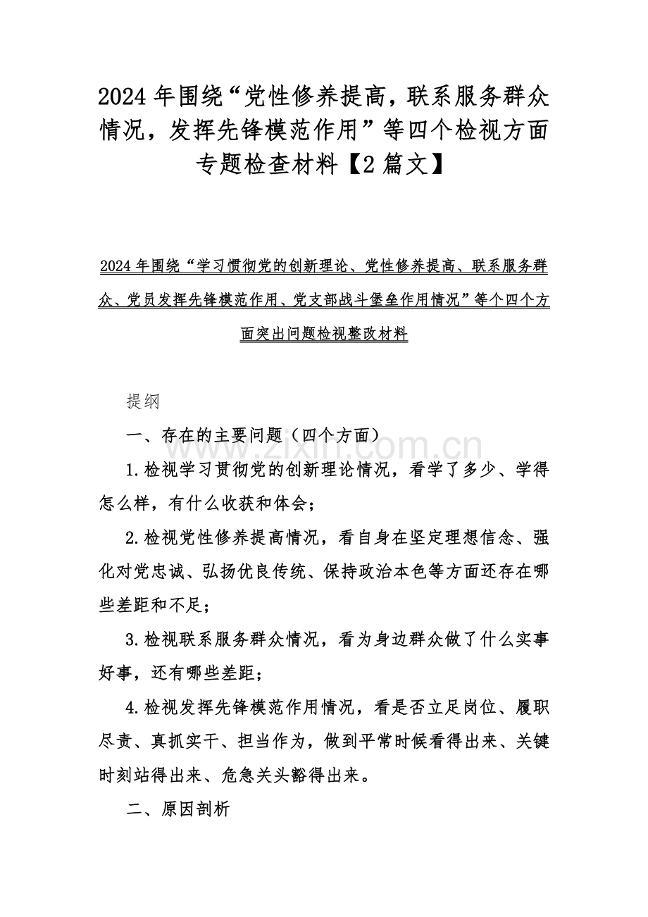 2024年围绕“党性修养提高联系服务群众情况发挥先锋模范作用”等四个检视方面专题检查材料【2篇文】.docx_第1页