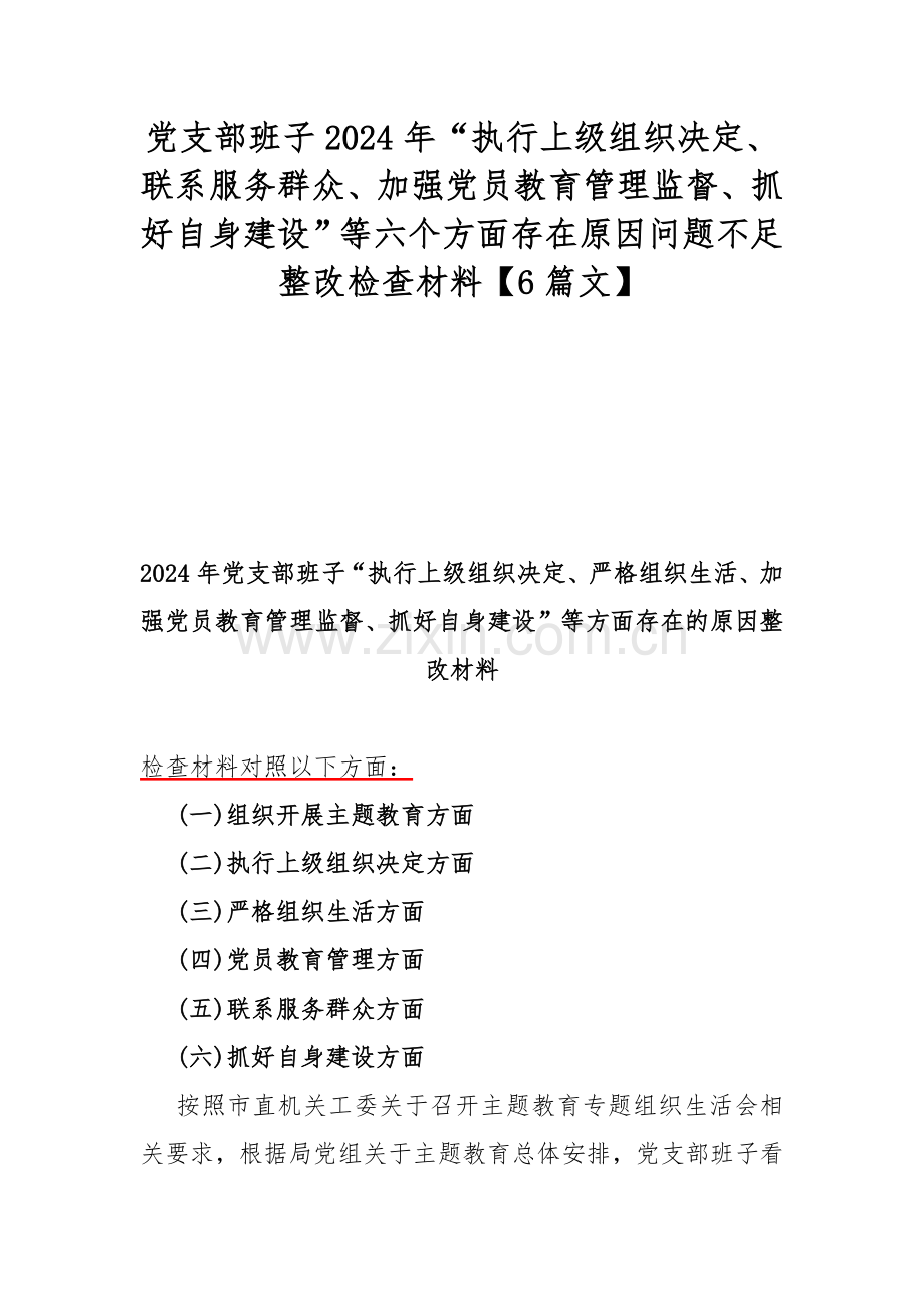 党支部班子2024年“执行上级组织决定、联系服务群众、加强党员教育管理监督、抓好自身建设”等六个方面存在原因问题不足整改检查材料【6篇文】.docx_第1页