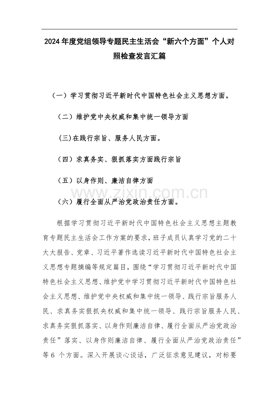 2024年度党组领导专题“新六个方面”个人对照检查发言汇篇.docx_第1页