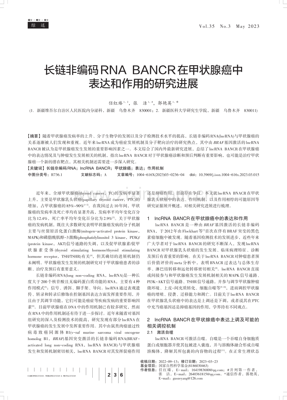 长链非编码RNA BANCR在甲状腺癌中表达和作用的研究进展.pdf_第1页