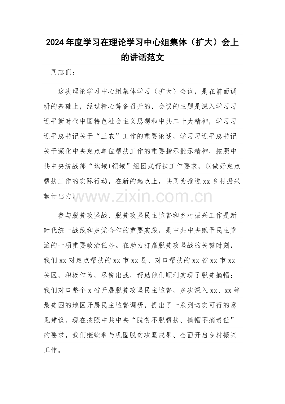 2024年度学习在理论学习中心组集体（扩大）会上的讲话范文.docx_第1页