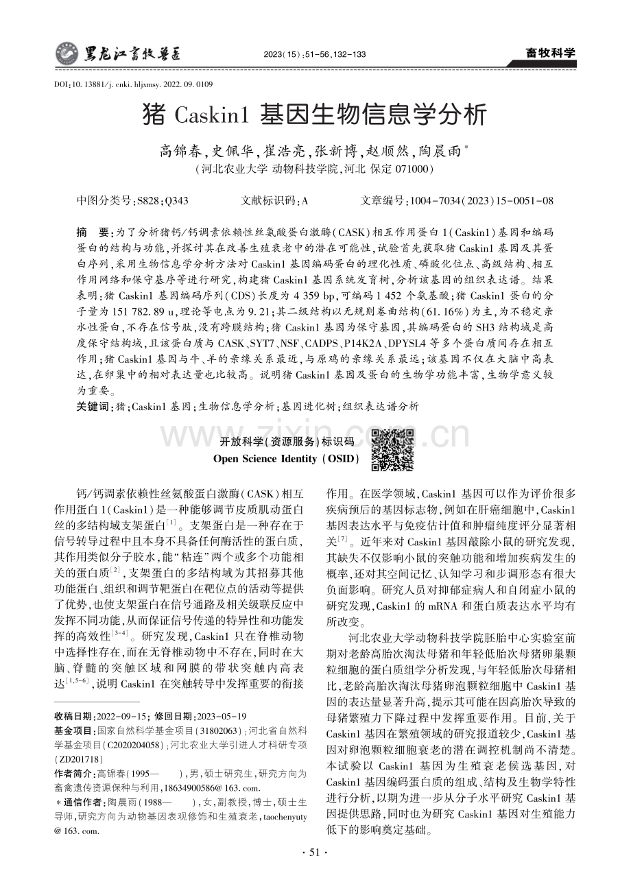 猪Caskin1基因生物信息学分析_高锦春.pdf_第1页